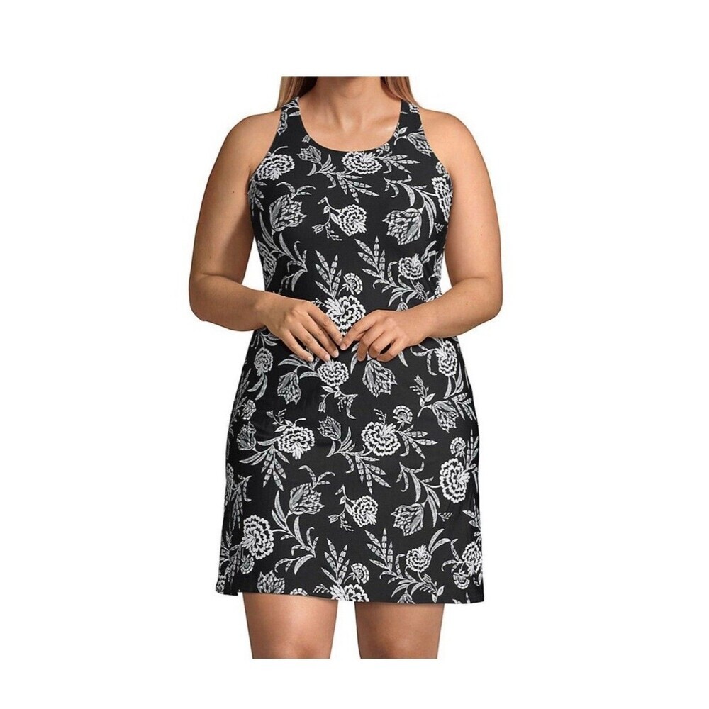 NEW Lands End Swim Dresskini  Floral Black White Dress Size 8